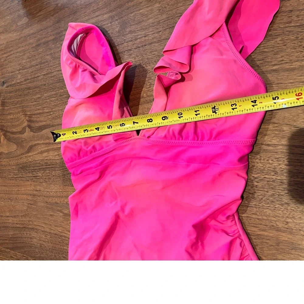 Annbon Womens XL One Piece Swimsuit Hot Pink‎ Ruffle V-Neck  Ruched Lace Up Back